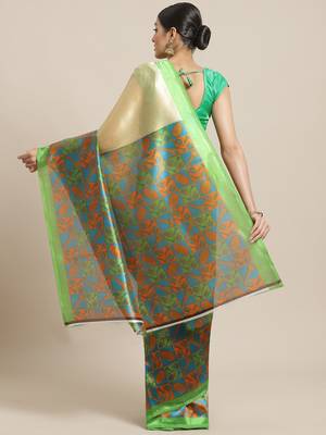 Green printed art silk saree with blouse 2