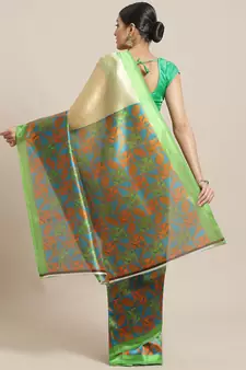 Green printed art silk saree with blouse