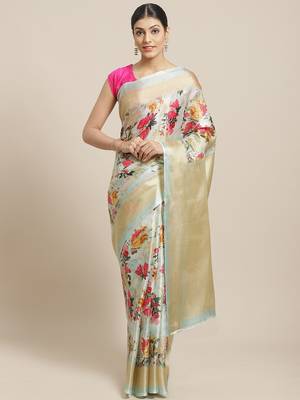 Green printed art silk saree with blouse 1