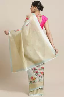 Green printed art silk saree with blouse
