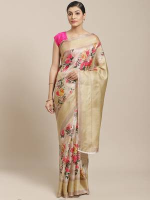 Beige printed art silk saree with blouse 1