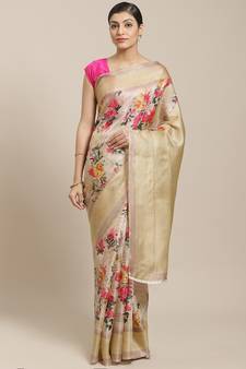 Beige printed art silk saree with blouse