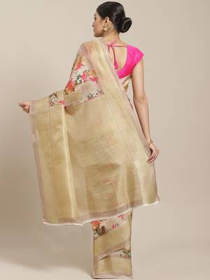 Beige printed art silk saree with blouse 2