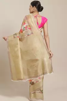 Beige printed art silk saree with blouse