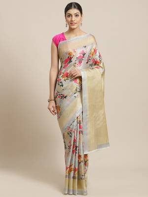 Grey printed art silk saree with blouse 1
