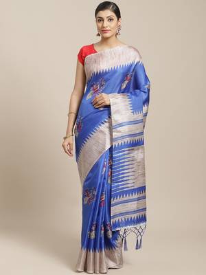 Blue printed art silk saree with blouse 1