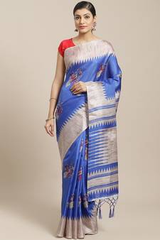 Blue printed art silk saree with blouse
