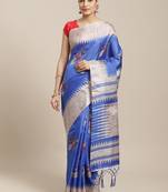 Blue printed art silk saree with blouse