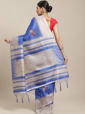Blue printed art silk saree with blouse 2