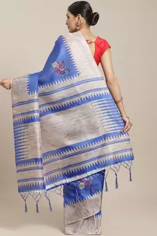 Blue printed art silk saree with blouse