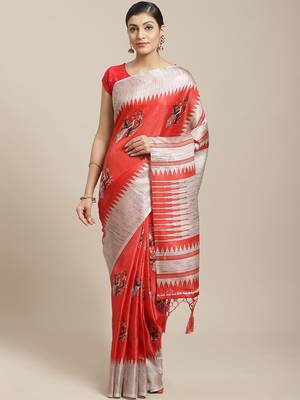 Red printed art silk saree with blouse 1