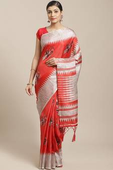 Red printed art silk saree with blouse