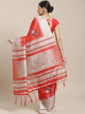 Red printed art silk saree with blouse 2