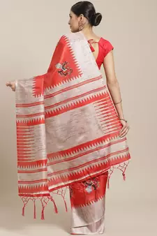 Red printed art silk saree with blouse