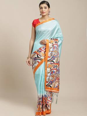 Blue printed art silk saree with blouse 1