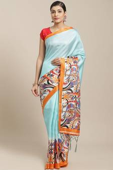 Blue printed art silk saree with blouse