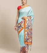 Blue printed art silk saree with blouse