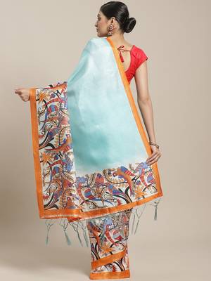 Blue printed art silk saree with blouse 2