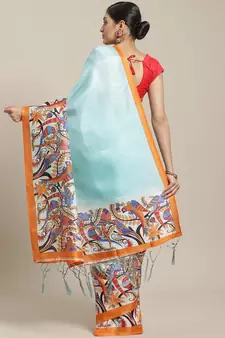 Blue printed art silk saree with blouse