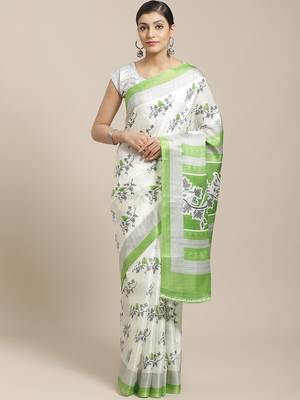 Green printed art silk saree with blouse 1