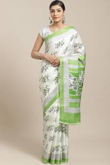 Green printed art silk saree with blouse