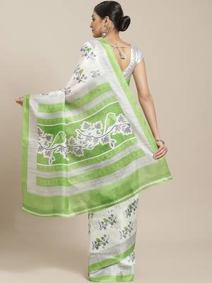 Green printed art silk saree with blouse 2