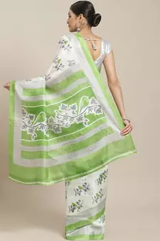 Green printed art silk saree with blouse