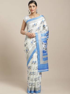 Blue printed art silk saree with blouse 1