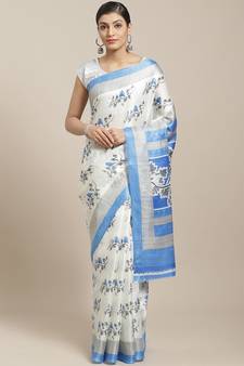 Blue printed art silk saree with blouse