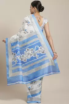 Blue printed art silk saree with blouse