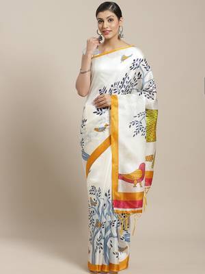 Yellow printed art silk saree with blouse 1