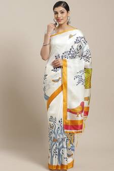Yellow printed art silk saree with blouse