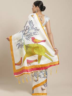 Yellow printed art silk saree with blouse 2
