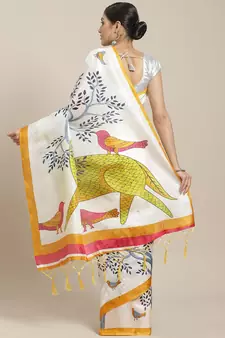 Yellow printed art silk saree with blouse