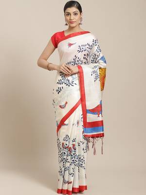 Red printed art silk saree with blouse 1