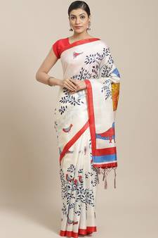 Red printed art silk saree with blouse