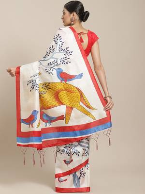Red printed art silk saree with blouse 2
