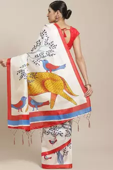 Red printed art silk saree with blouse