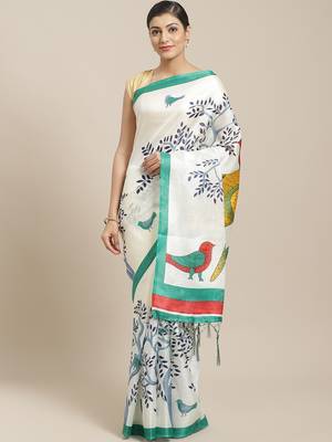 Green printed art silk saree with blouse 1