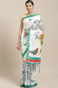 Green printed art silk saree with blouse