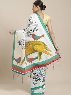 Green printed art silk saree with blouse 2