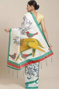 Green printed art silk saree with blouse