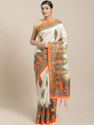 Orange printed art silk saree with blouse 1