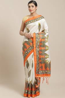 Orange printed art silk saree with blouse