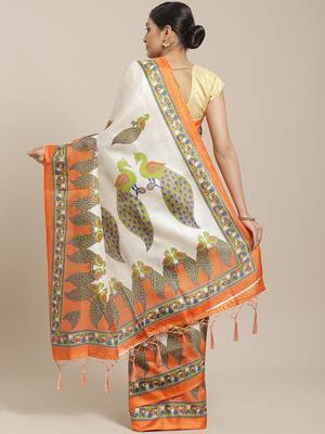 Orange printed art silk saree with blouse 2
