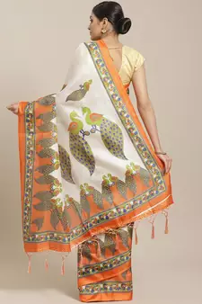Orange printed art silk saree with blouse