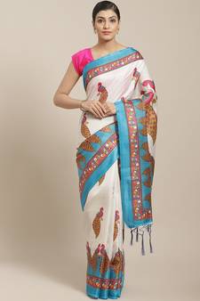 Pink printed art silk saree with blouse