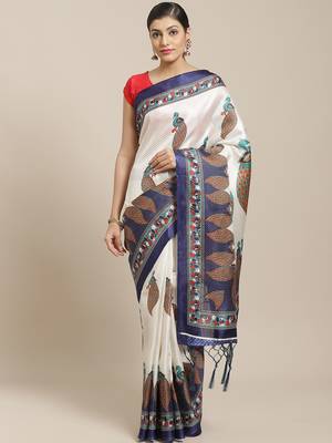 Blue printed art silk saree with blouse 1