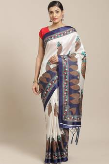 Blue printed art silk saree with blouse