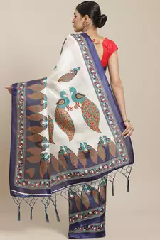 Blue printed art silk saree with blouse